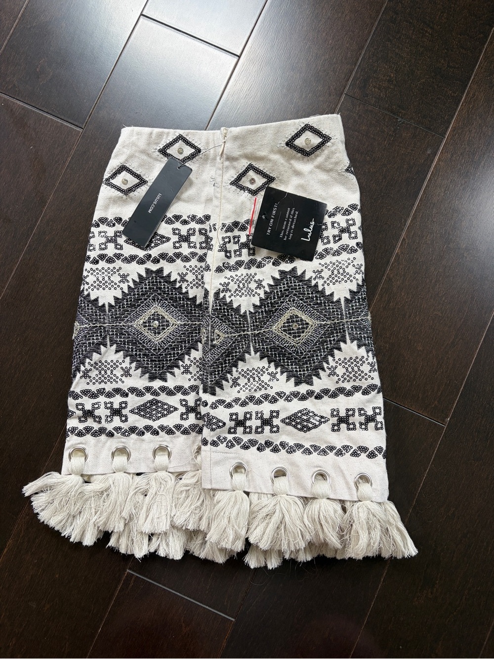 Lulu's Cream & Black Embroidered Tassel Mini Skirt